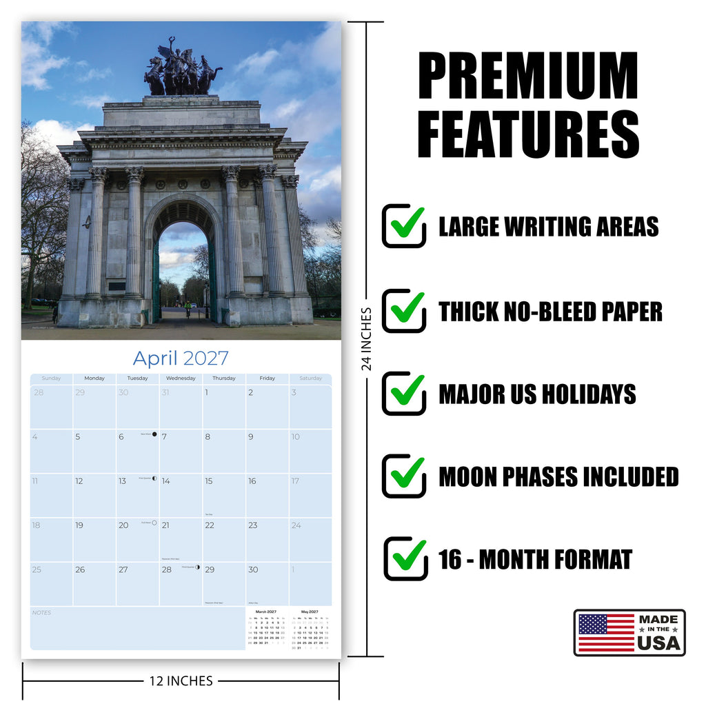 London Wall Calendar 2027 - 12" x 12" Monthly Iconic British Landmark Architecture & Cityscape Travel Calendar