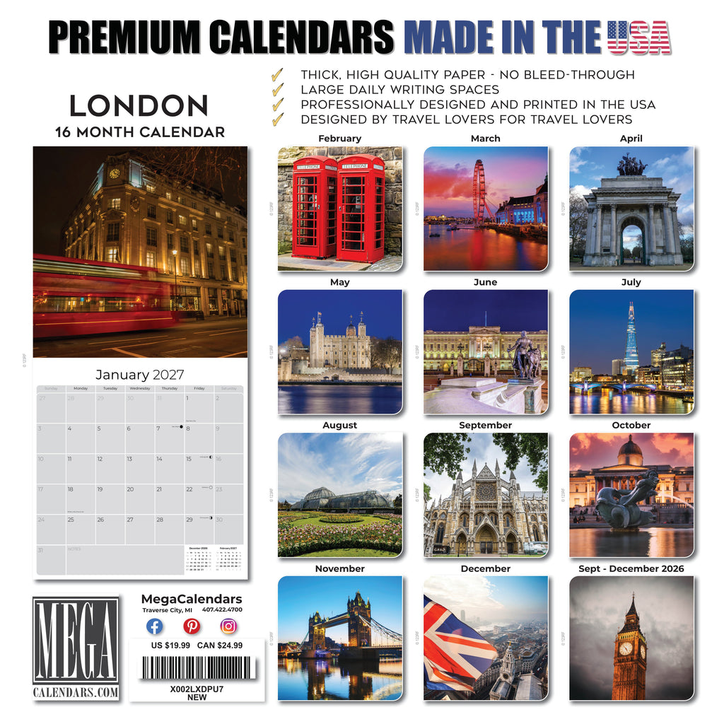 London Wall Calendar 2027 - 12" x 12" Monthly Iconic British Landmark Architecture & Cityscape Travel Calendar