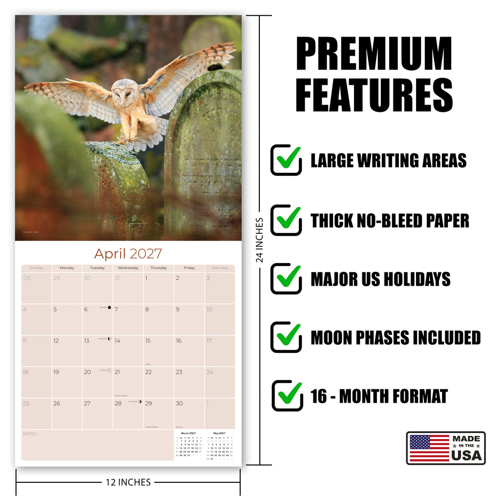 Owls Wall Calendar 2027 - 12" x 12" Monthly Majestic Raptors & Wise Nocturnal Bird Calendar