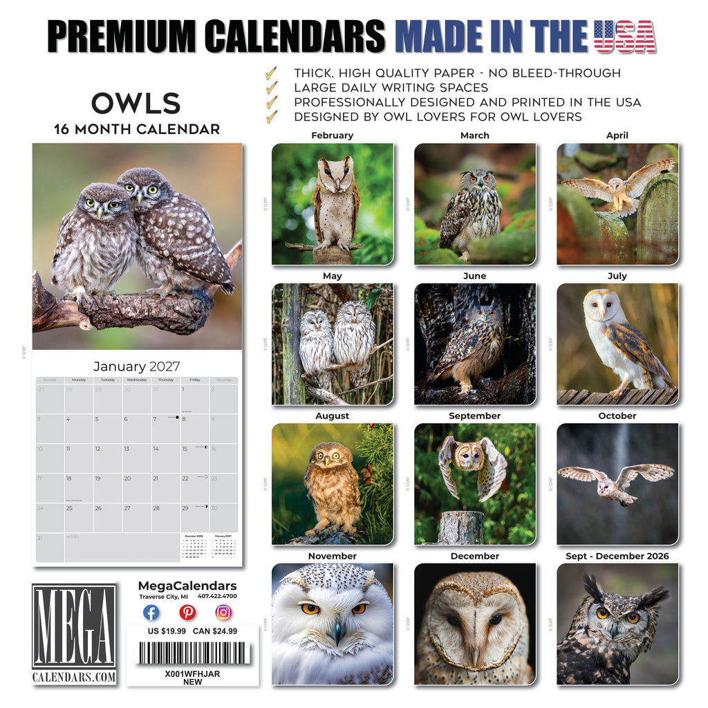 Owls Wall Calendar 2027 - 12" x 12" Monthly Majestic Raptors & Wise Nocturnal Bird Calendar