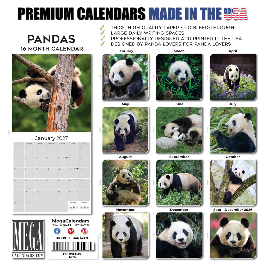 Pandas Wall Calendar 2027 - 12" x 12" Monthly Adorable Giant Pandas & Cute Bamboo Nature Calendar