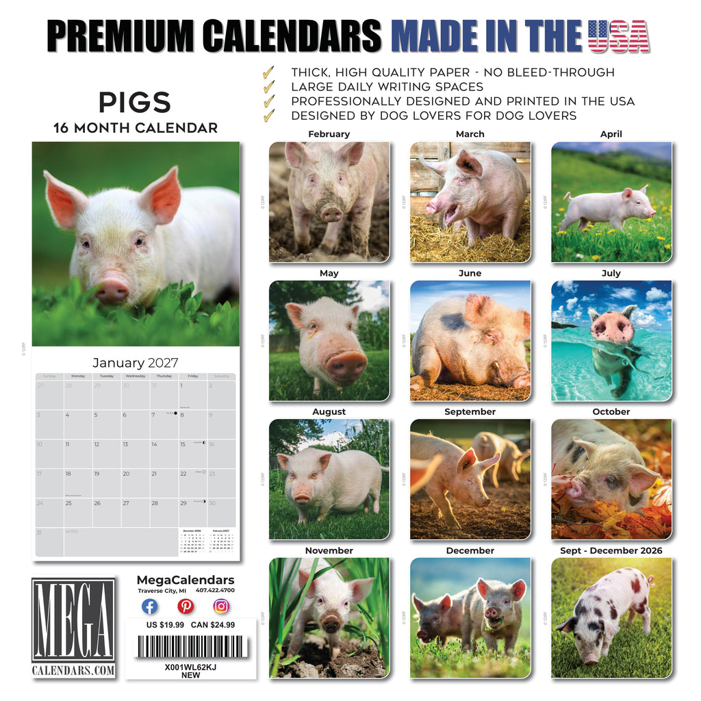 Pigs Wall Calendar 2027 - 12" x 12" Monthly Intelligent Farm Animals & Clever Heritage Hog Calendar