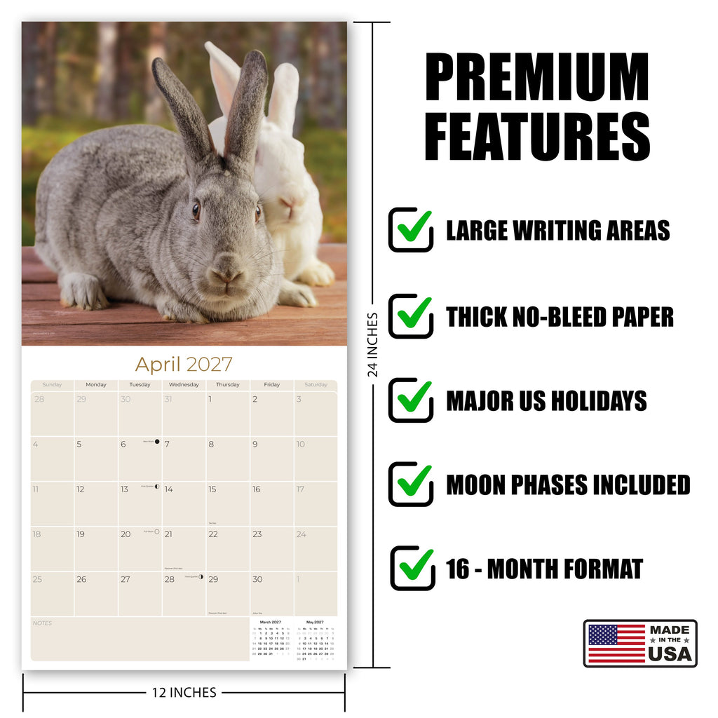 Rabbits Wall Calendar 2027 - 12" x 12" Monthly Gentle & Curious Bunny Rabbit Nature Calendar