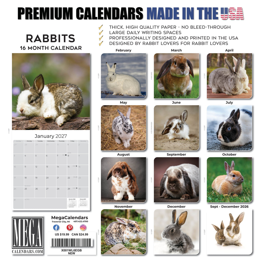 Rabbits Wall Calendar 2027 - 12" x 12" Monthly Gentle & Curious Bunny Rabbit Nature Calendar