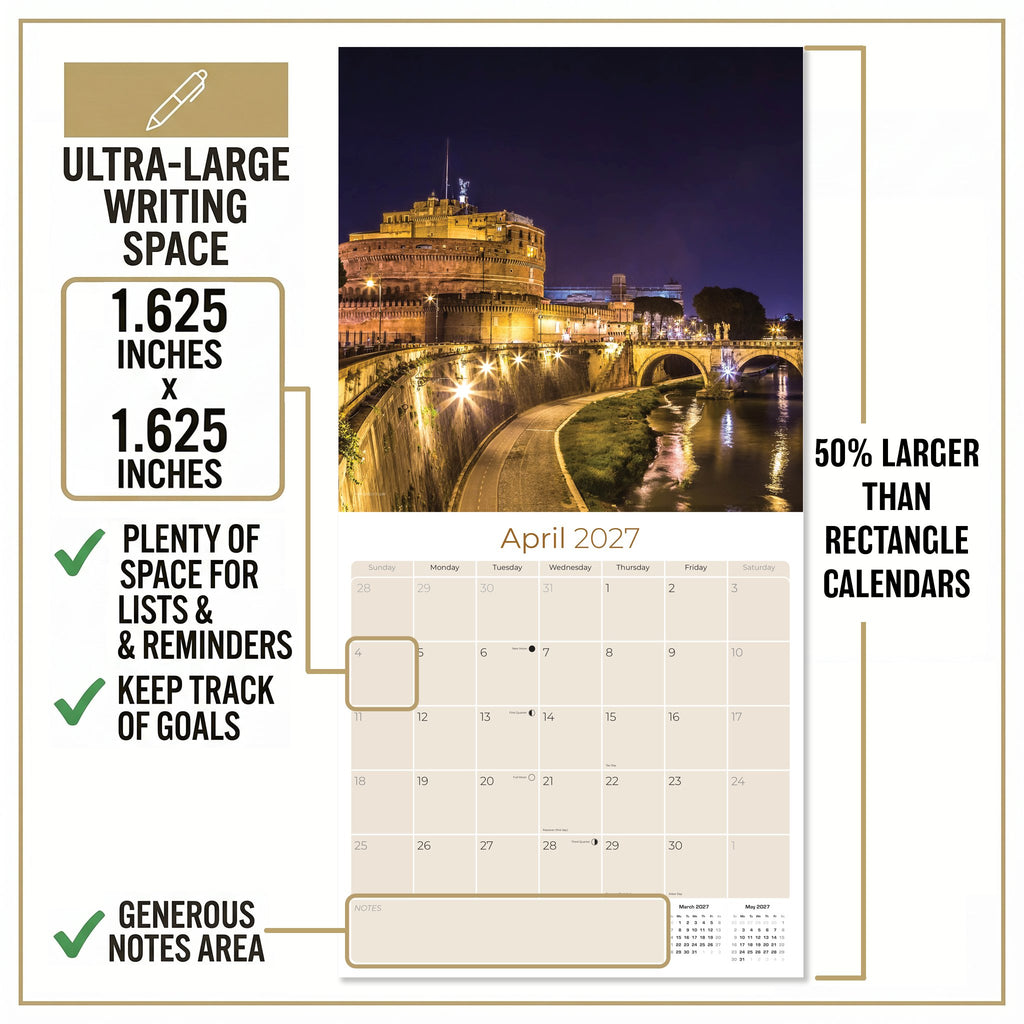 Rome Wall Calendar 2027 - 12" x 12" Monthly Iconic Italian Architecture & Cityscape Travel Calendar