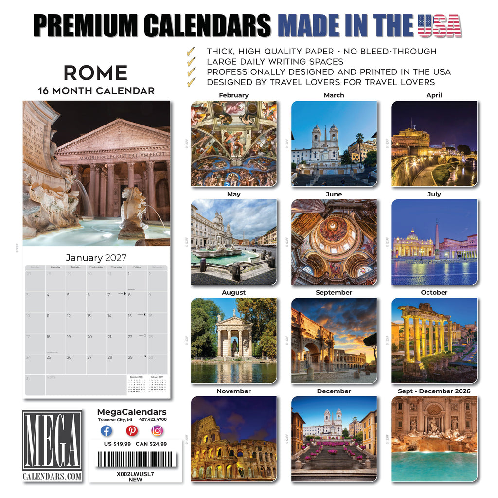 Rome Wall Calendar 2027 - 12" x 12" Monthly Iconic Italian Architecture & Cityscape Travel Calendar