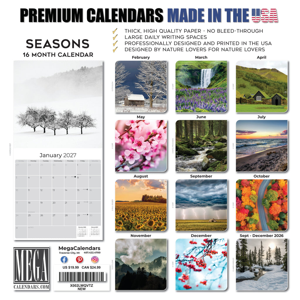 Seasons Wall Calendar 2027 - 12" x 12" Monthly Breathtaking Four Seasons Nature Scenery Calendar