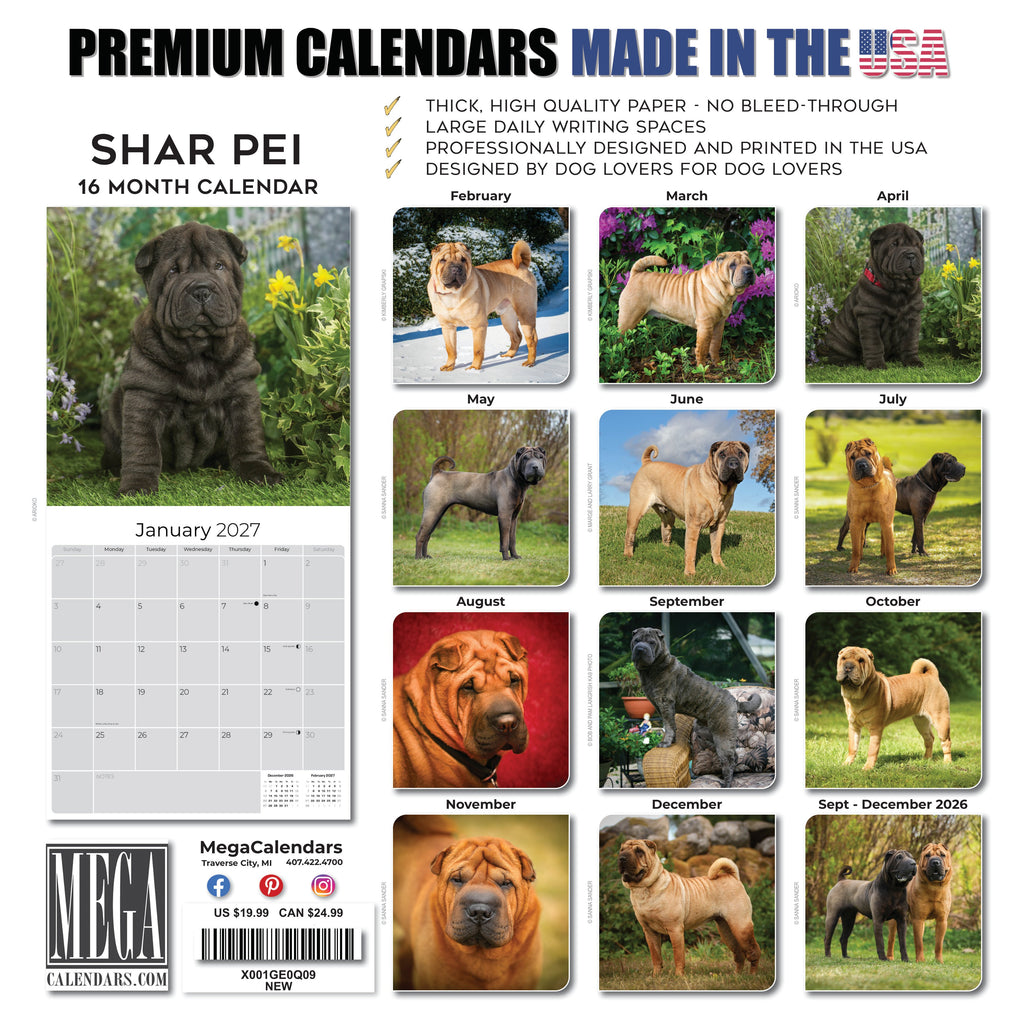 Shar Pei Wall Calendar 2027 - 12" x 12" Monthly Loyal & Independent Wrinkle Dog Breed Calendar