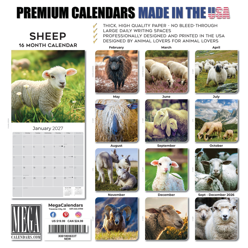 Sheep Wall Calendar 2027 - 12" x 12" Monthly Gentle & Pastoral Farm Animal Sheep Breed Calendar