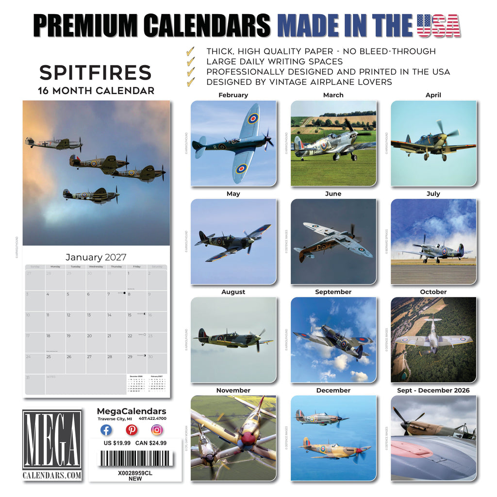 Spitfires Wall Calendar 2027 - 12" x 12" Monthly WWII Fighter Aircraft Calendar