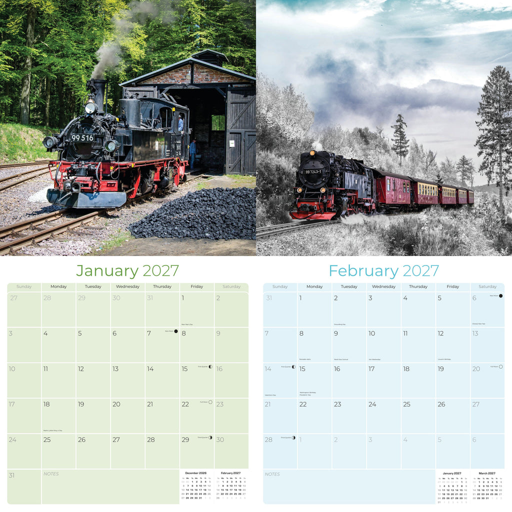 Steam Trains Wall Calendar 2027 - 12" x 12" Monthly Locomotive History Calendar