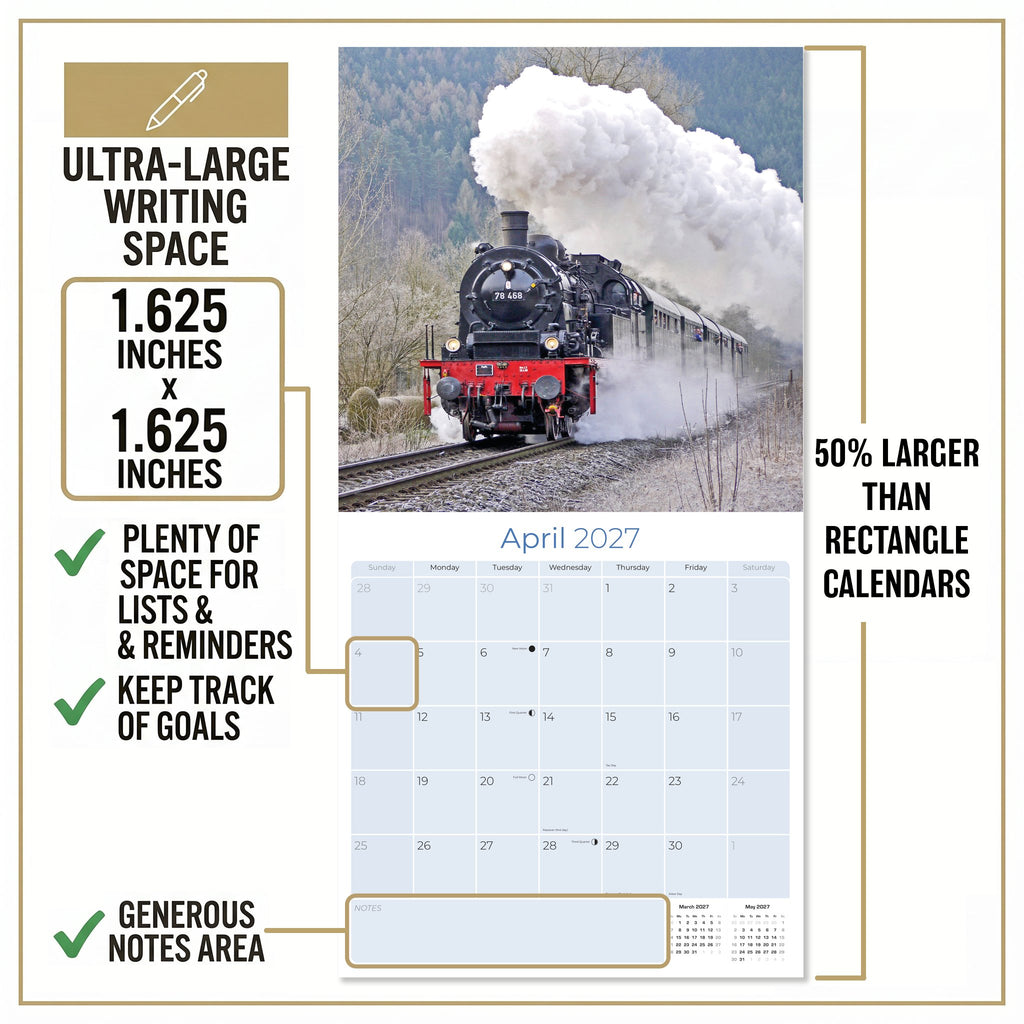 Steam Trains Wall Calendar 2027 - 12" x 12" Monthly Locomotive History Calendar