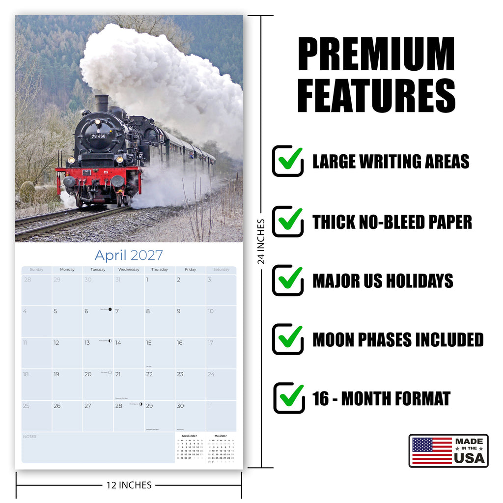 Steam Trains Wall Calendar 2027 - 12" x 12" Monthly Locomotive History Calendar