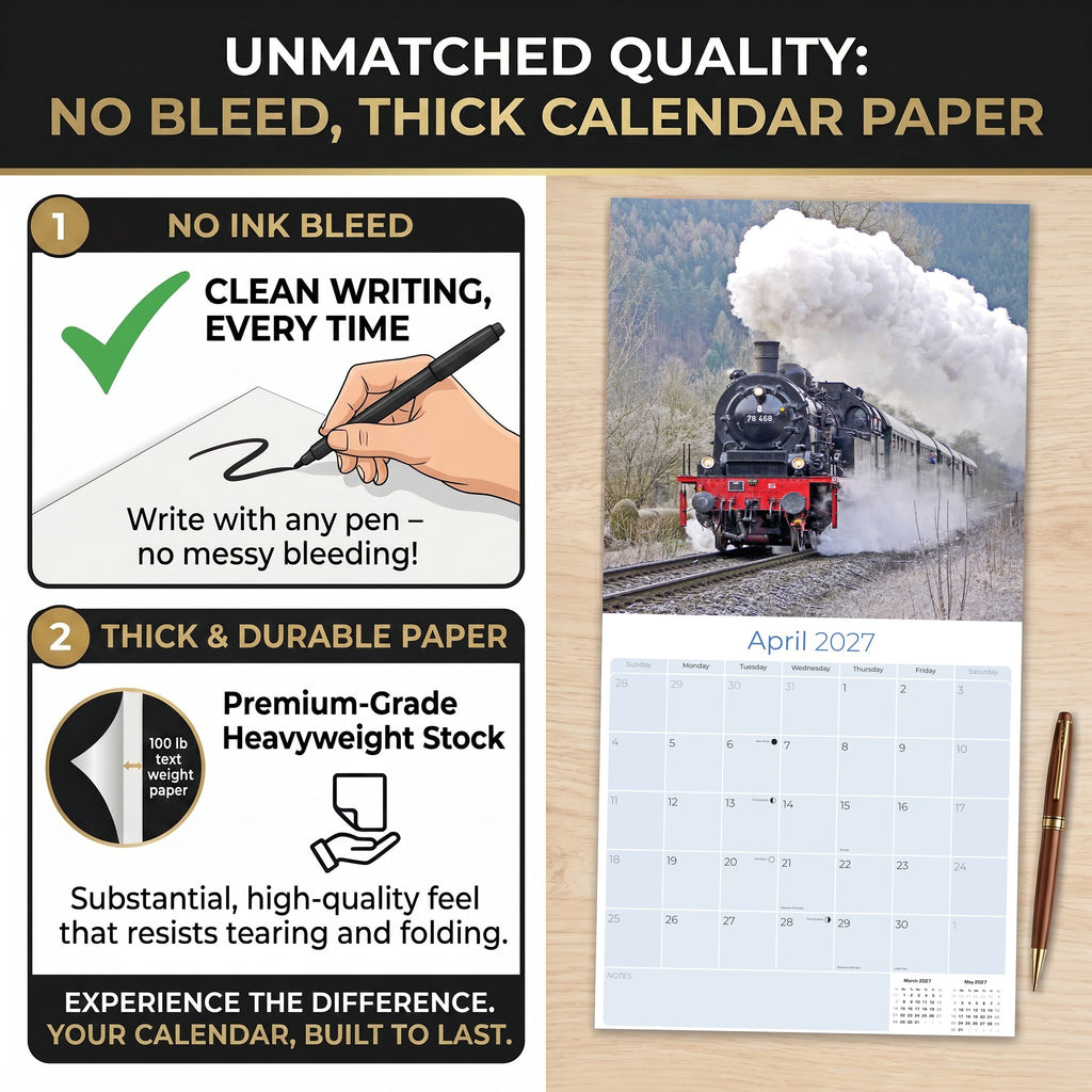 Steam Trains Wall Calendar 2027 - 12" x 12" Monthly Locomotive History Calendar