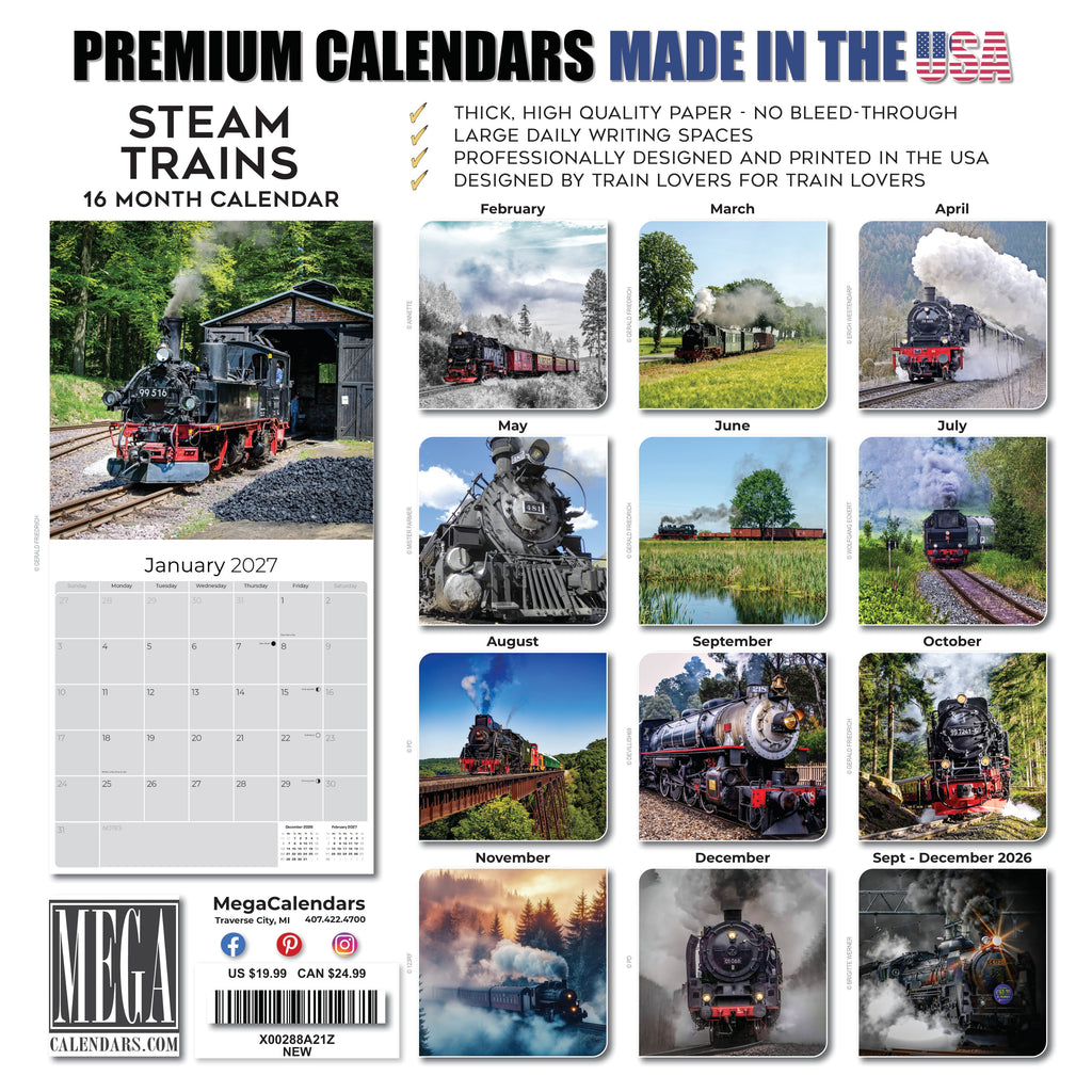 Steam Trains Wall Calendar 2027 - 12" x 12" Monthly Locomotive History Calendar
