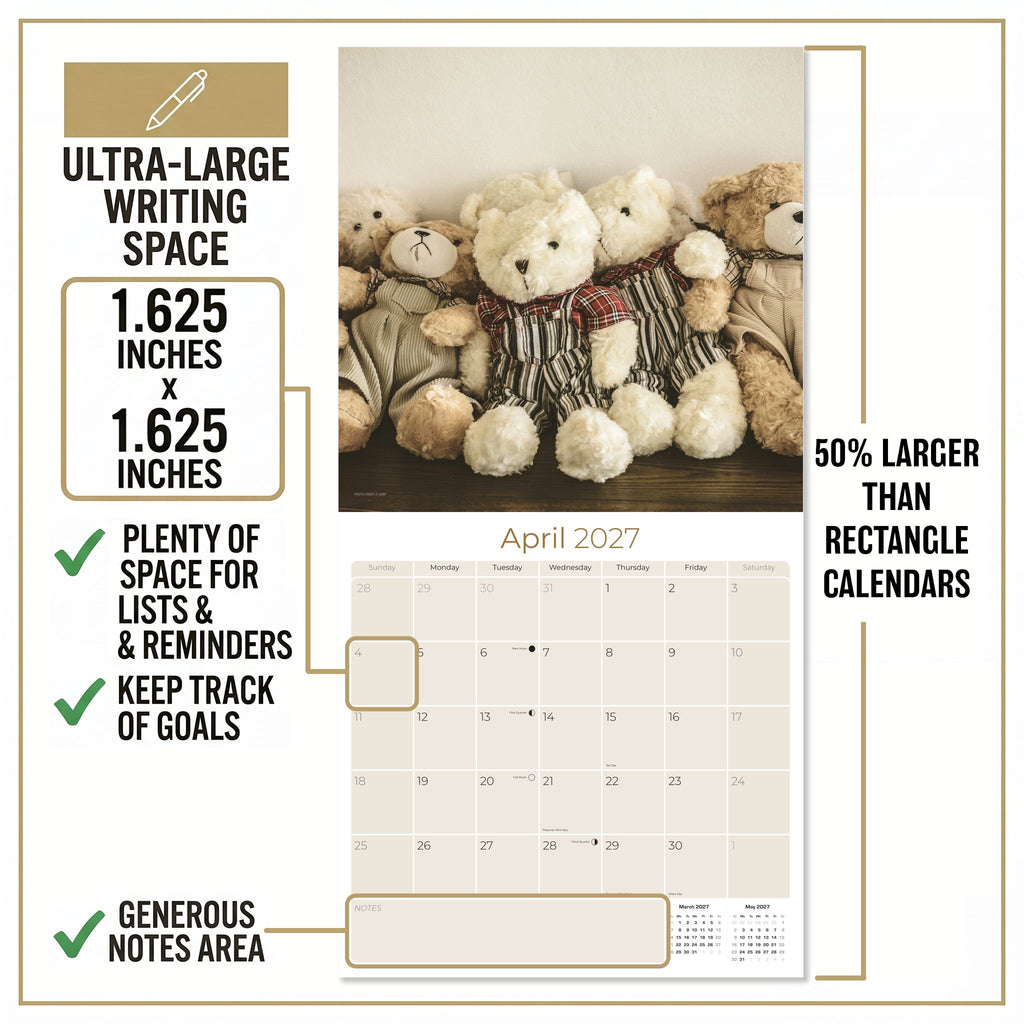 Teddy Bears Wall Calendar 2027 - 12" x 12" Monthly Nostalgic & Heartwarming Plush Toy Calendar