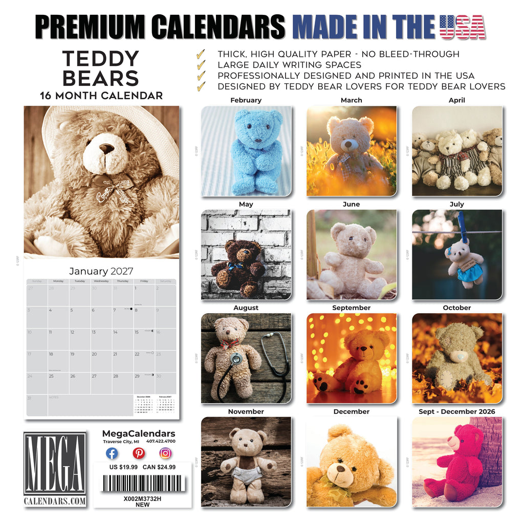 Teddy Bears Wall Calendar 2027 - 12" x 12" Monthly Nostalgic & Heartwarming Plush Toy Calendar