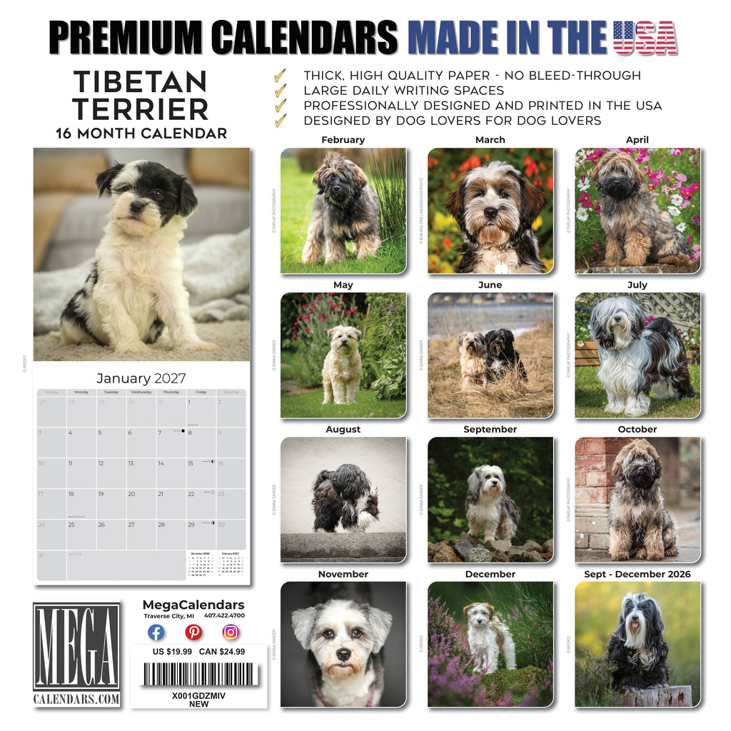 Tibetan Terrier Wall Calendar 2027 - 12" x 12" Monthly Loyal & Affectionate Tibetan Dog Breed Calendar