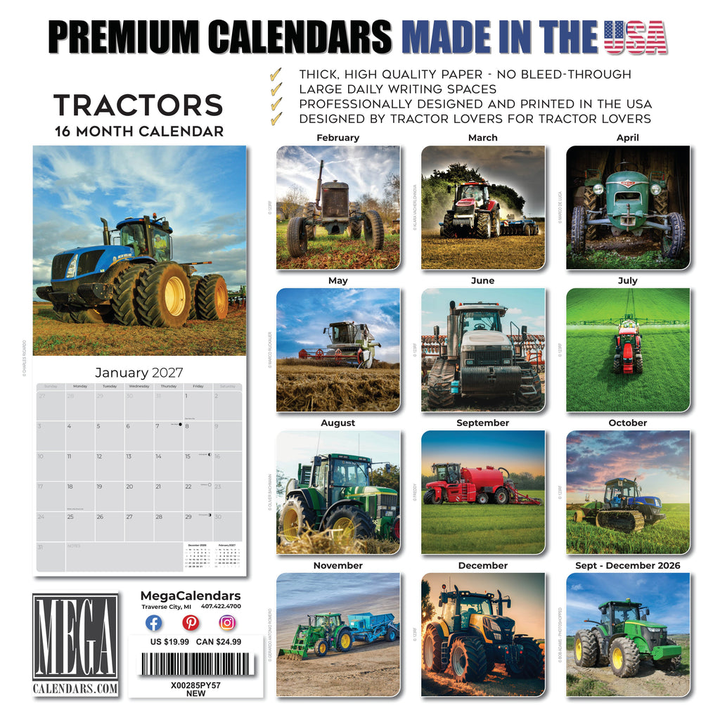 Tractors Wall Calendar 2027 - 12" x 12" Monthly Farm Machinery Calendar