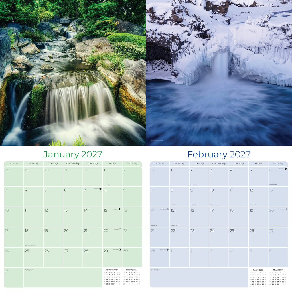 Waterfalls Wall Calendar 2027 - 12" x 12" Monthly Breathtaking Scenic Cascades & Nature Landscape Calendar