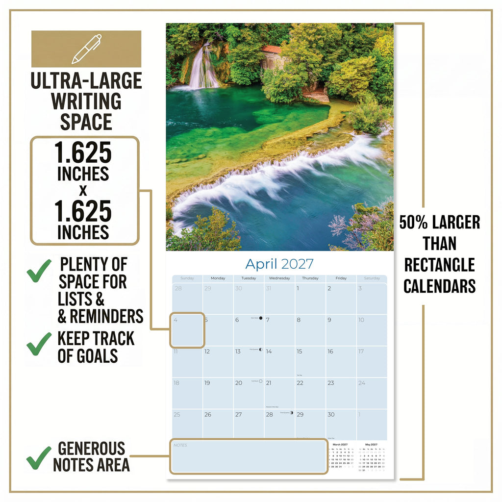 Waterfalls Wall Calendar 2027 - 12" x 12" Monthly Breathtaking Scenic Cascades & Nature Landscape Calendar