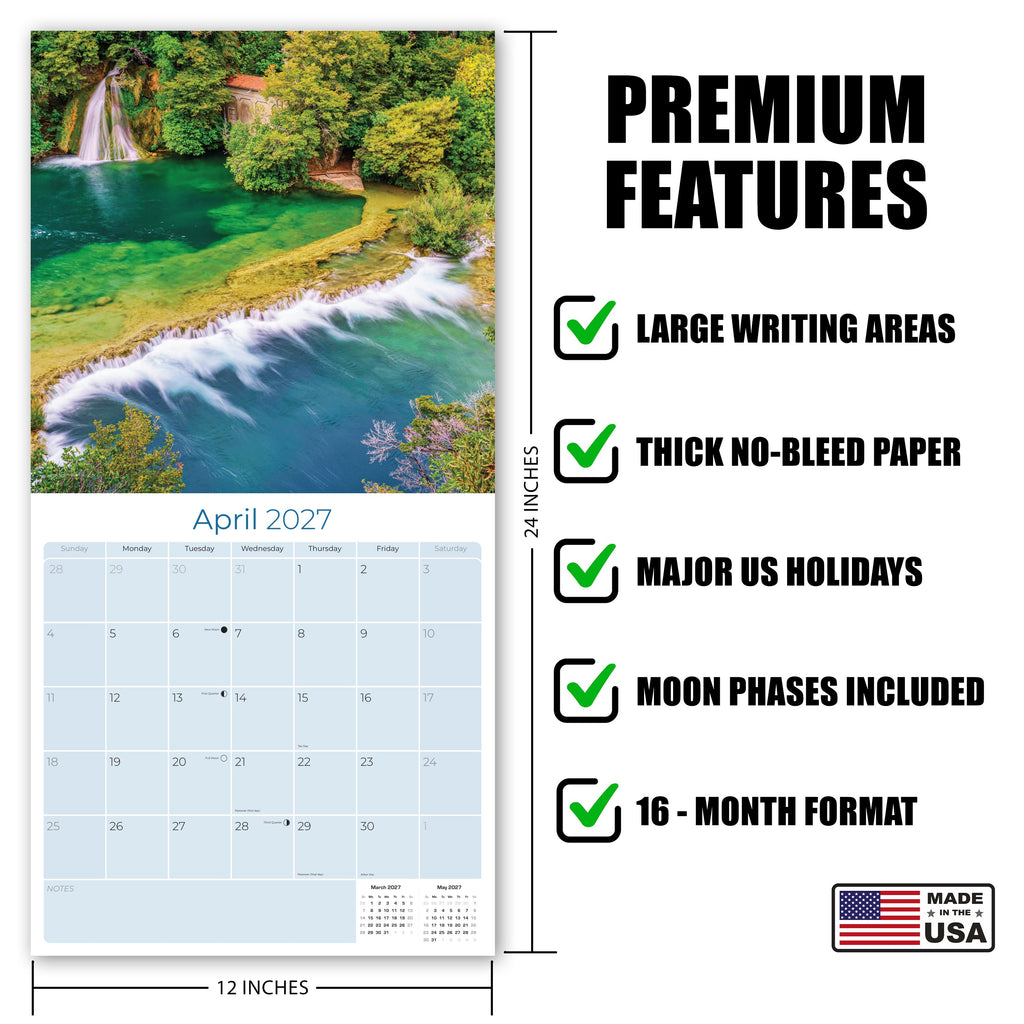 Waterfalls Wall Calendar 2027 - 12" x 12" Monthly Breathtaking Scenic Cascades & Nature Landscape Calendar