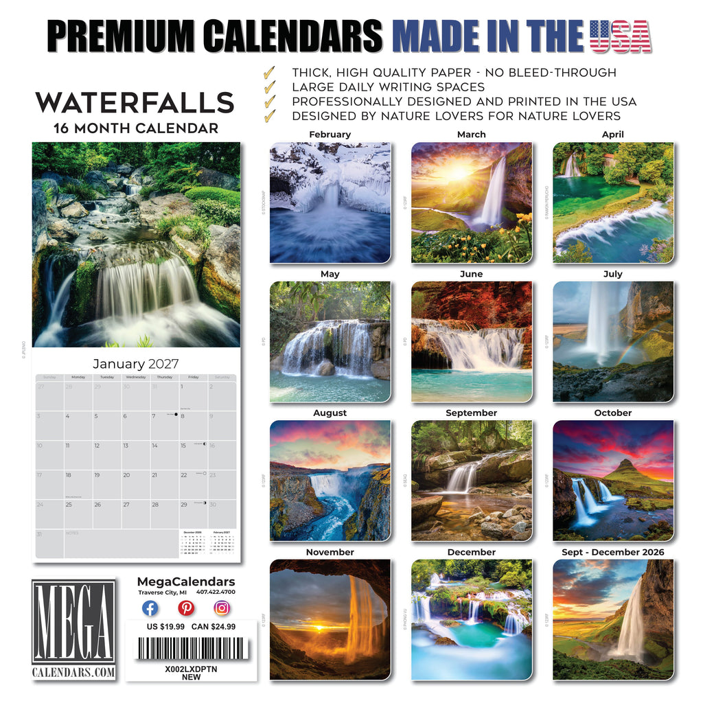 Waterfalls Wall Calendar 2027 - 12" x 12" Monthly Breathtaking Scenic Cascades & Nature Landscape Calendar