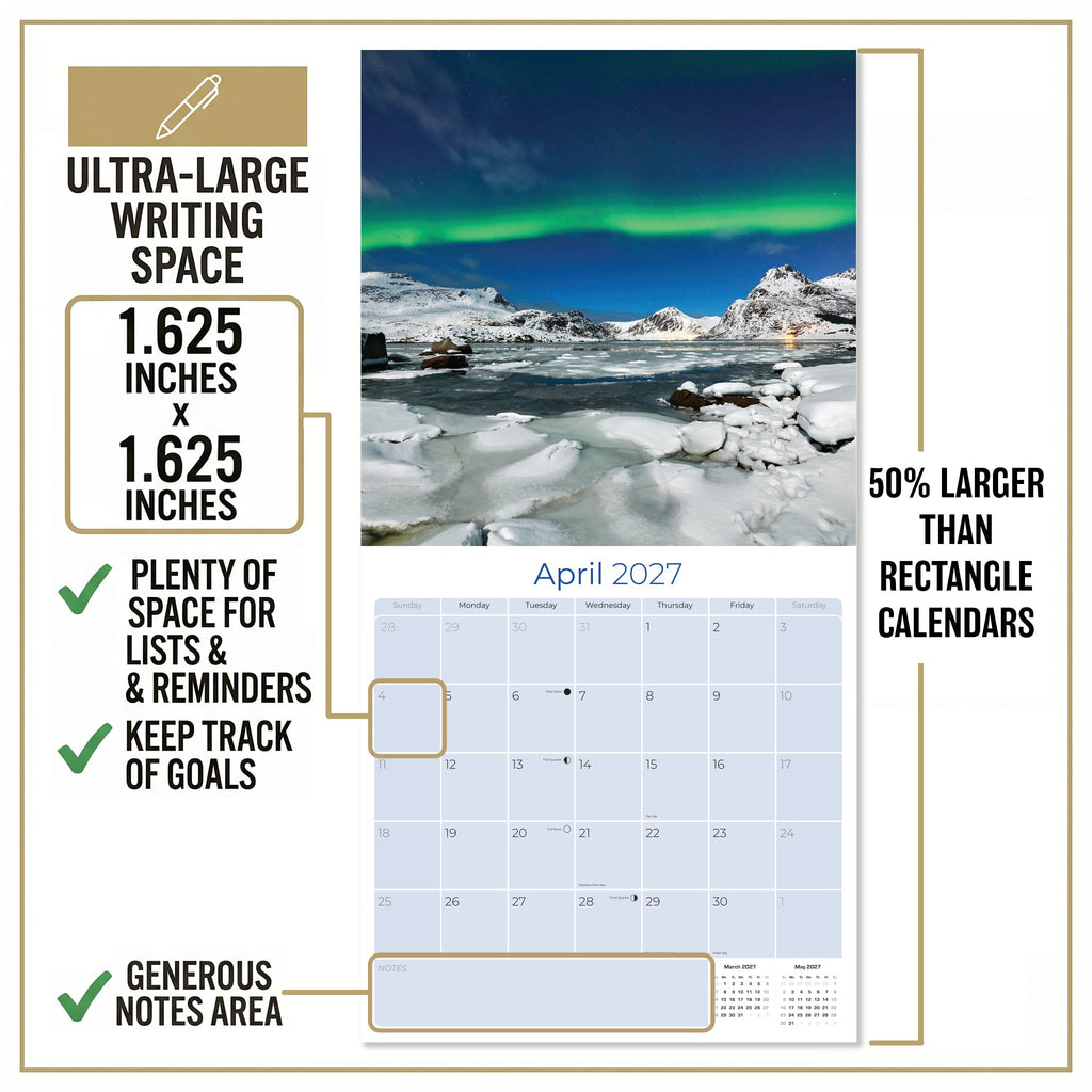 Northern Lights Wall Calendar 2027 - 12" x 12" Monthly Majestic Aurora Borealis & Night Sky Scenery Calendar