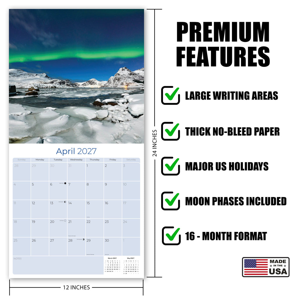 Northern Lights Wall Calendar 2027 - 12" x 12" Monthly Majestic Aurora Borealis & Night Sky Scenery Calendar