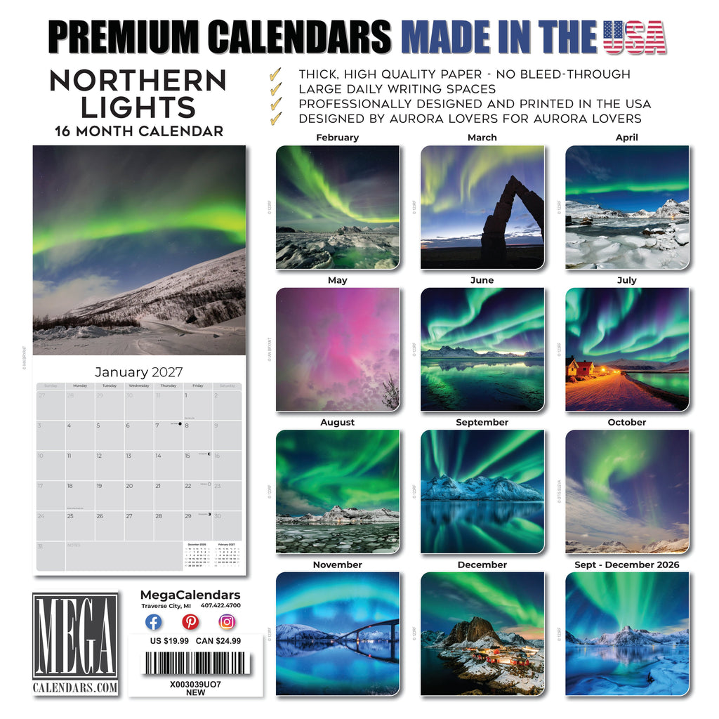 Northern Lights Wall Calendar 2027 - 12" x 12" Monthly Majestic Aurora Borealis & Night Sky Scenery Calendar