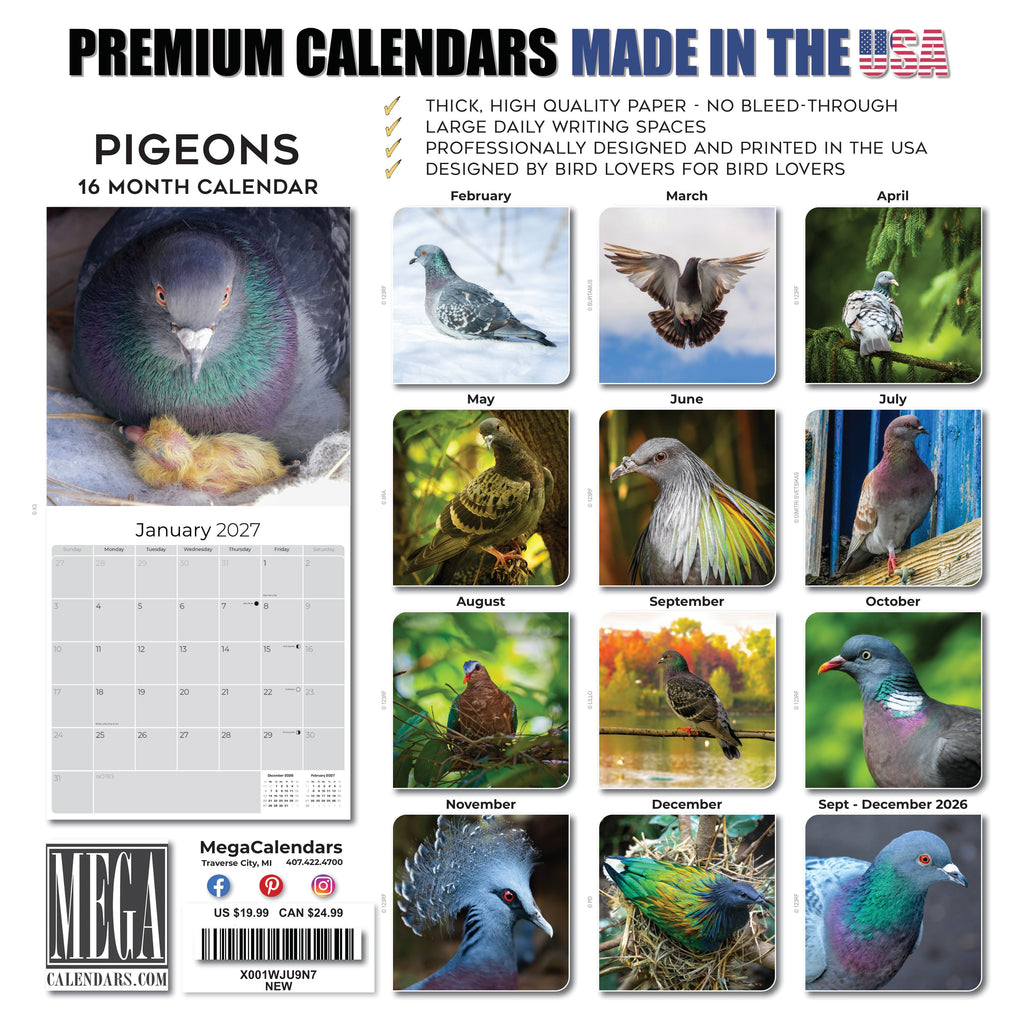 Pigeons Wall Calendar 2026
