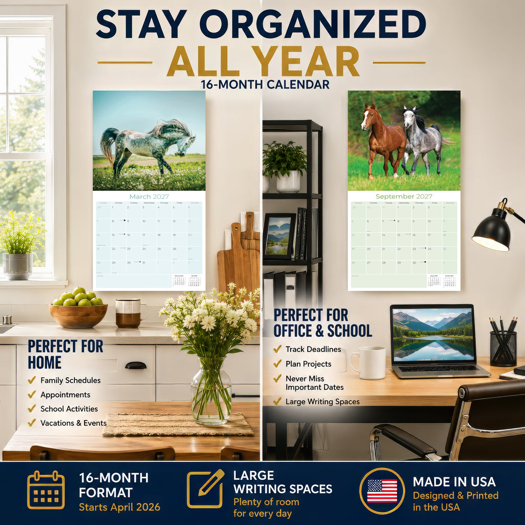 Arabian Horses Wall Calendar 2027 - 12" x 12" Monthly Elegant & Spirited Desert Equine Art Calendar