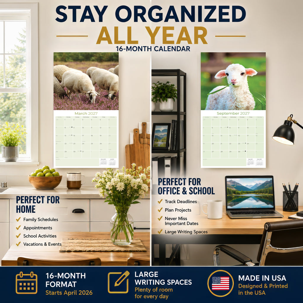 Sheep Wall Calendar 2027 - 12" x 12" Monthly Gentle & Pastoral Farm Animal Sheep Breed Calendar
