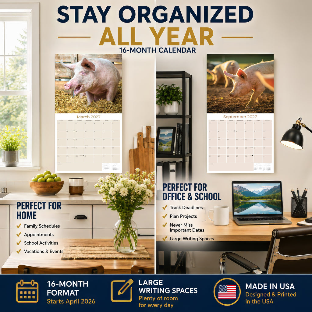 Pigs Wall Calendar 2027 - 12" x 12" Monthly Intelligent Farm Animals & Clever Heritage Hog Calendar