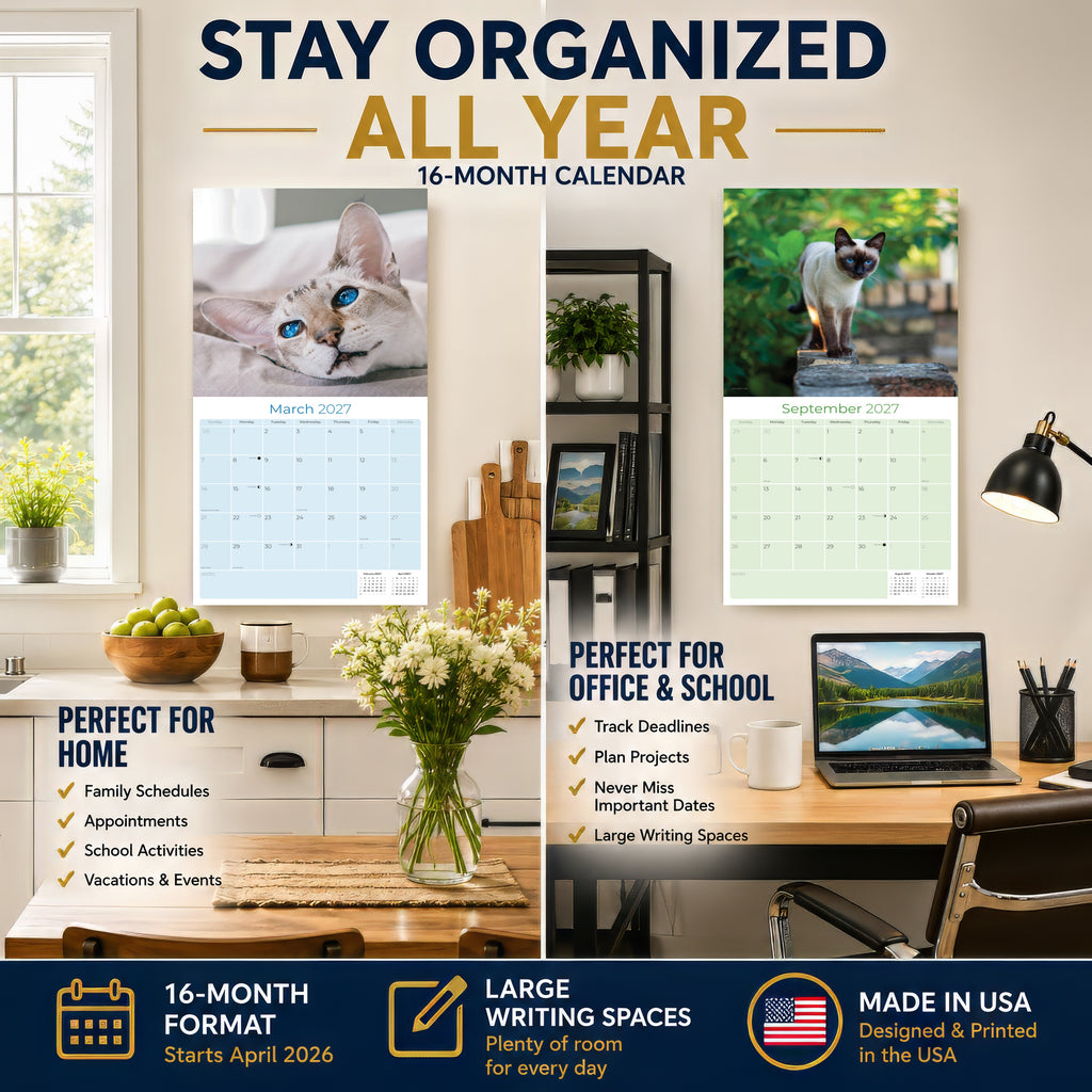 Siamese Cats Wall Calendar 2027 - 12" x 12" Monthly Intelligent & Sleek Blue-Eyed Feline Companion Calendar