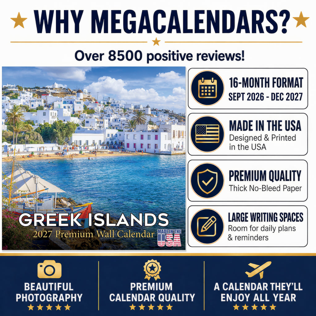 Greek Islands Wall Calendar 2027 - 12" x 12" Monthly Breathtaking Mediterranean Aegean Sea Travel Scenery Calendar