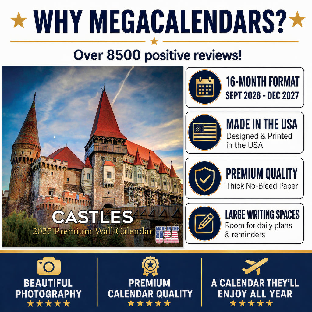 Castles Wall Calendar 2027 - 12" x 12" Monthly Majestic Medieval European Castle Travel Calendar