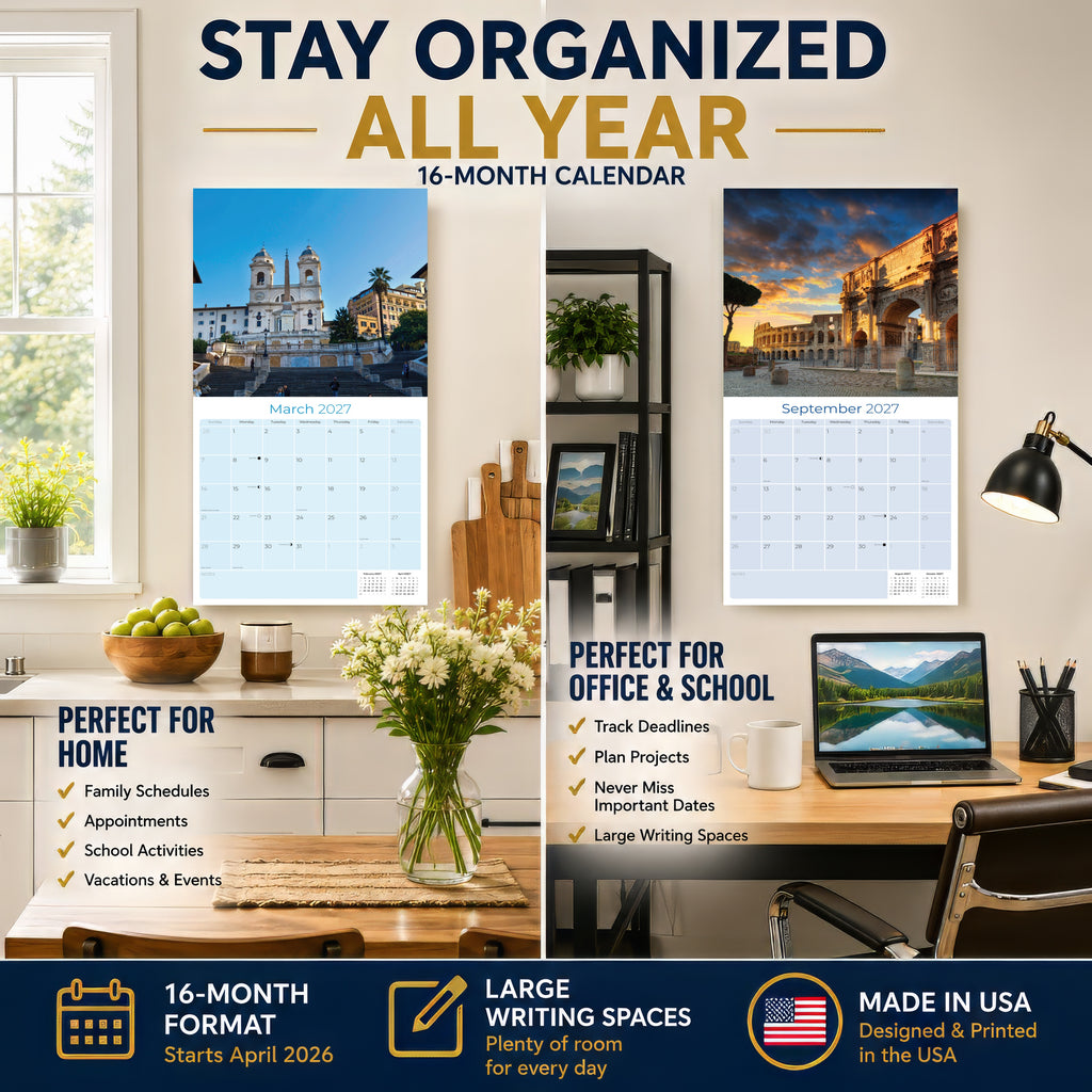 Rome Wall Calendar 2027 - 12" x 12" Monthly Iconic Italian Architecture & Cityscape Travel Calendar