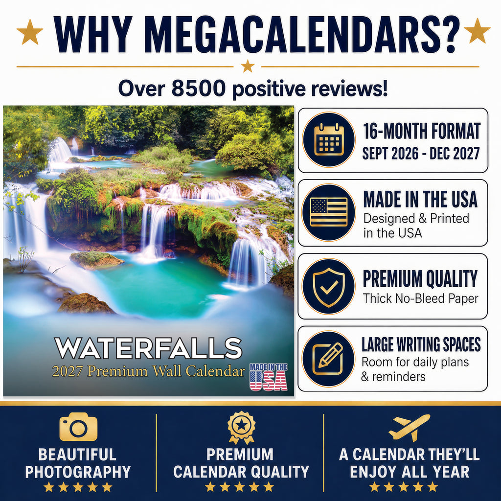 Waterfalls Wall Calendar 2027 - 12" x 12" Monthly Breathtaking Scenic Cascades & Nature Landscape Calendar
