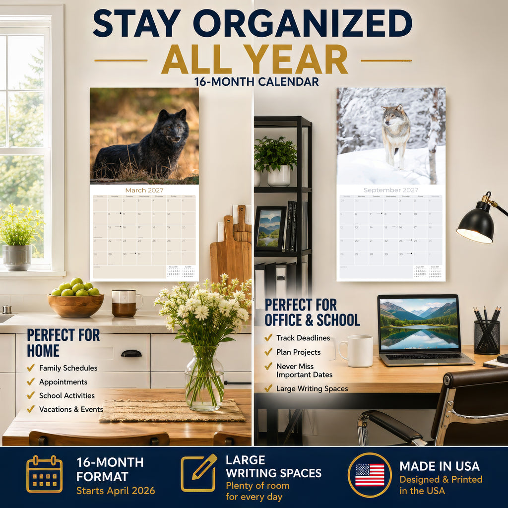 Wolves Wall Calendar 2027 - 12" x 12" Monthly Majestic & Powerful Wild Wolf Wildlife Nature Calendar