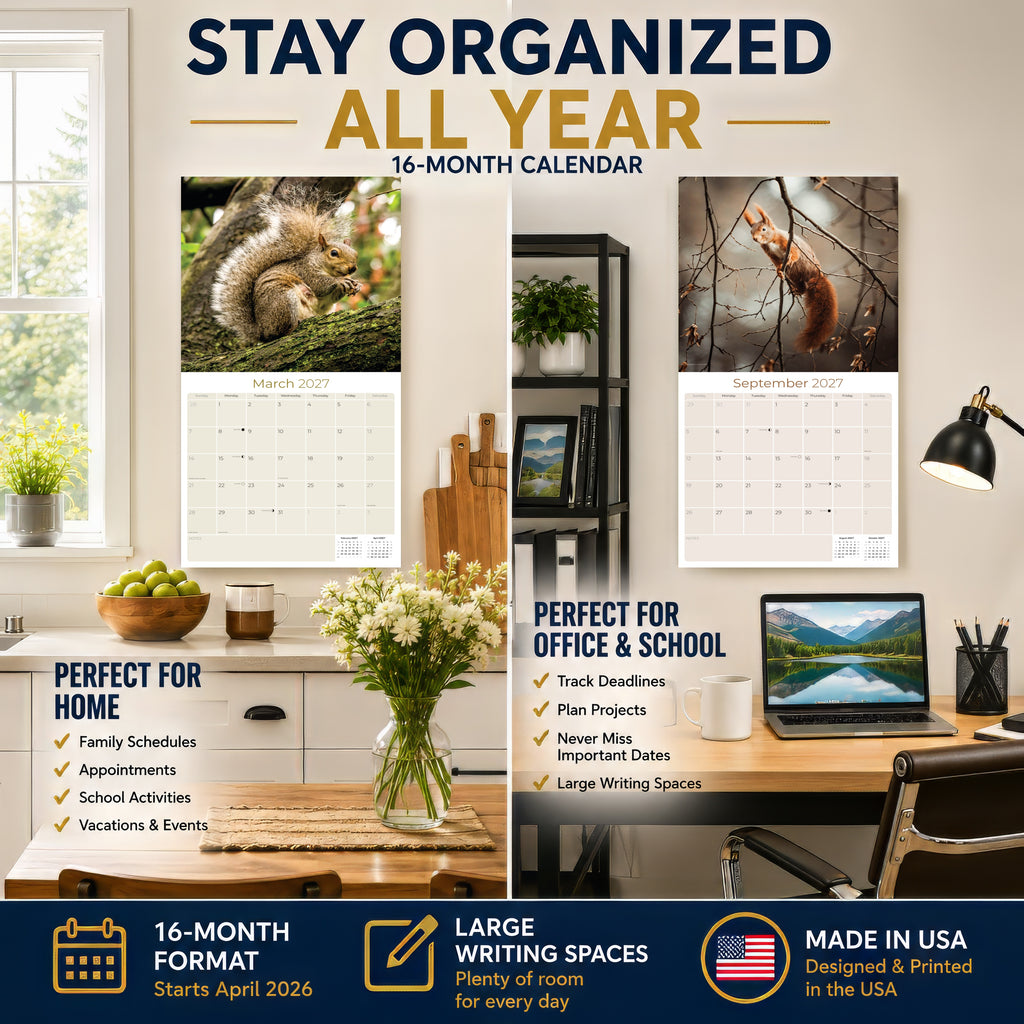 Squirrels Wall Calendar 2027 - 12" x 12" Monthly Playful & Energetic Backyard Wildlife Nature Calendar