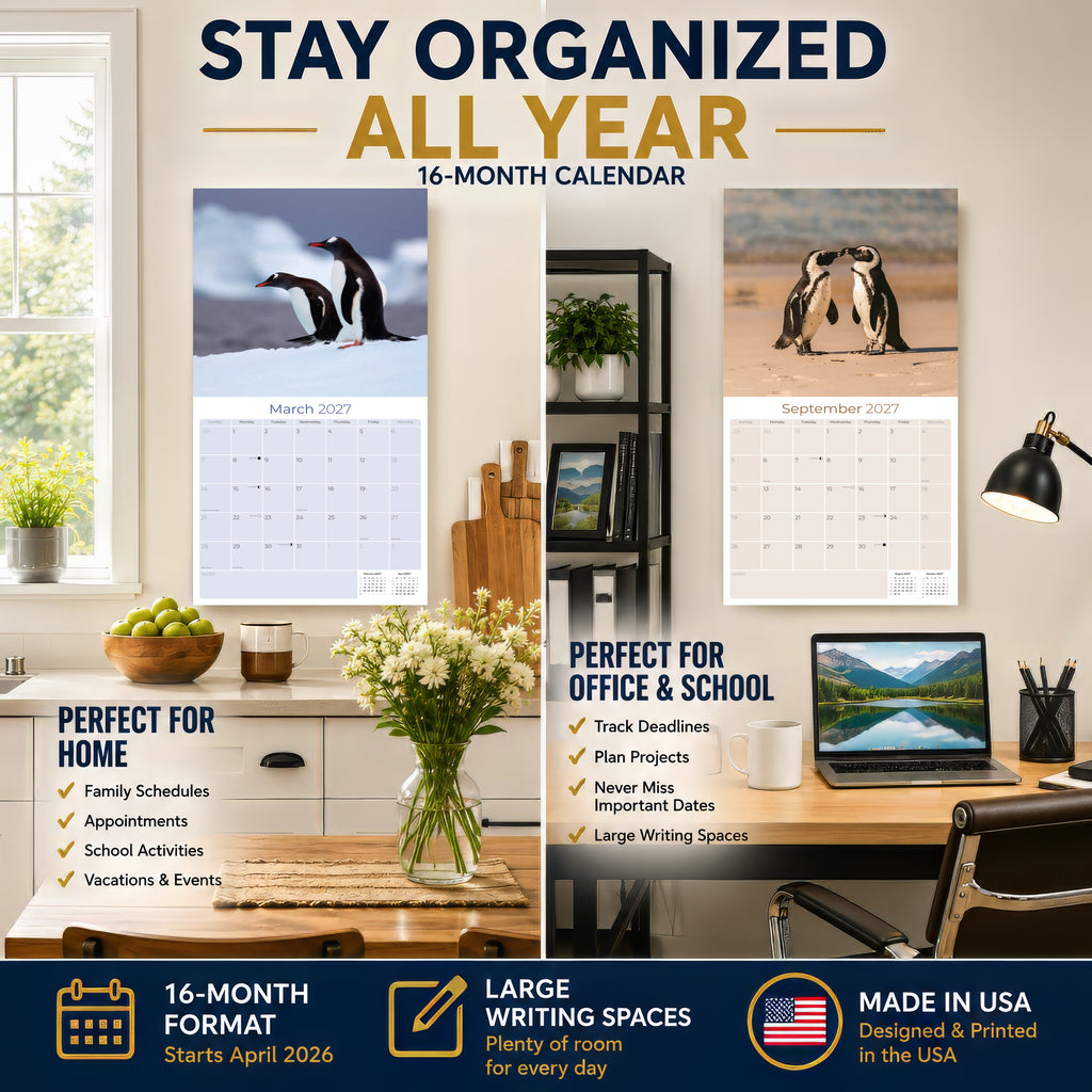 Penguins Wall Calendar 2027 - 12" x 12" Monthly Resilient Antarctic Wildlife & Playful Pod Calendar