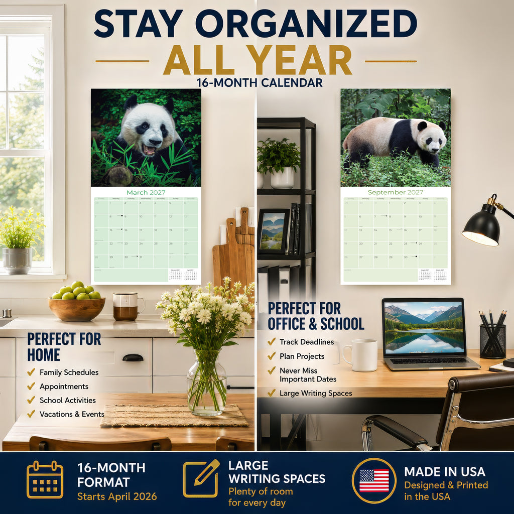 Pandas Wall Calendar 2027 - 12" x 12" Monthly Adorable Giant Pandas & Cute Bamboo Nature Calendar
