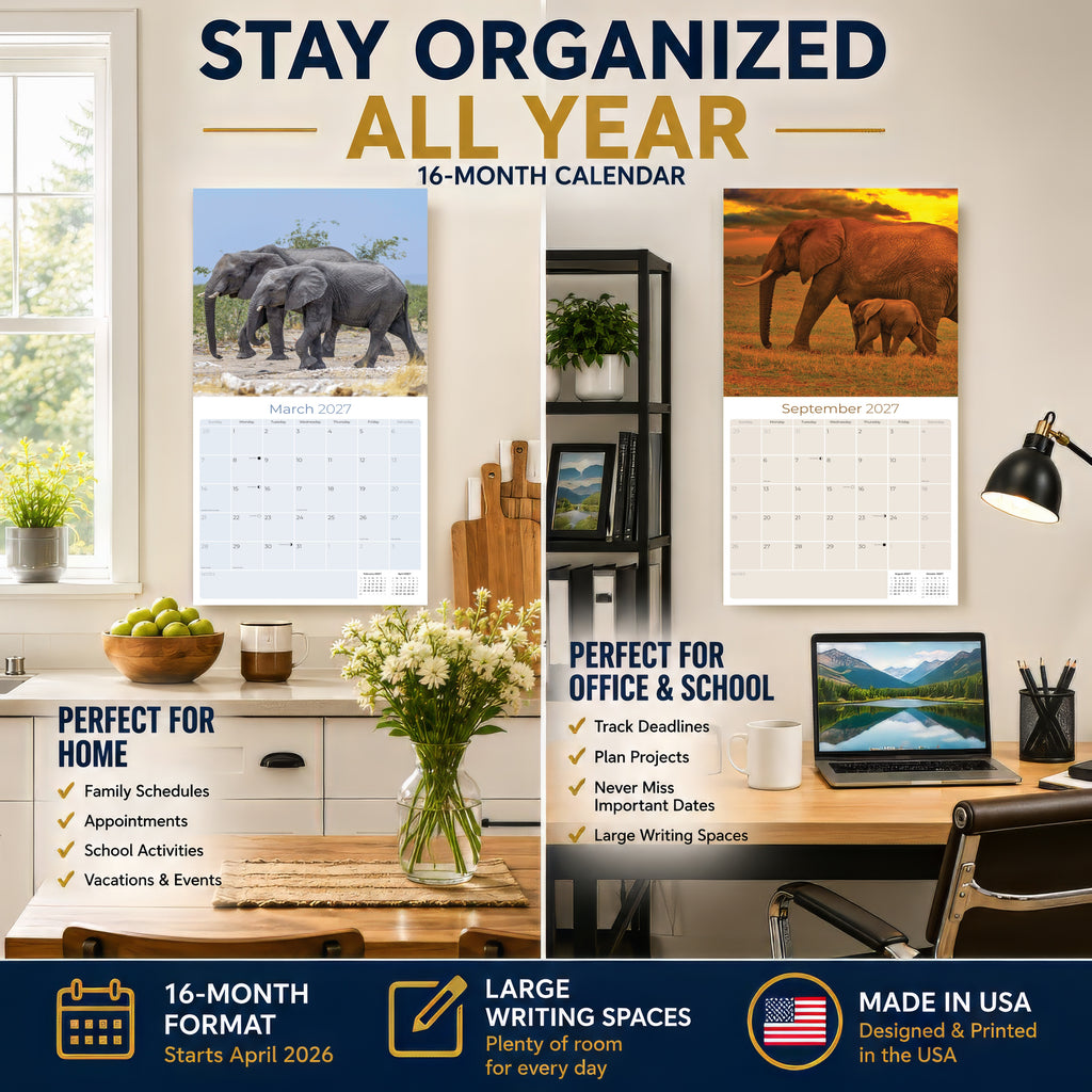 Elephants Wall Calendar 2027 - 12" x 12" Monthly Majestic African Elephants & Wild Herd Nature Calendar