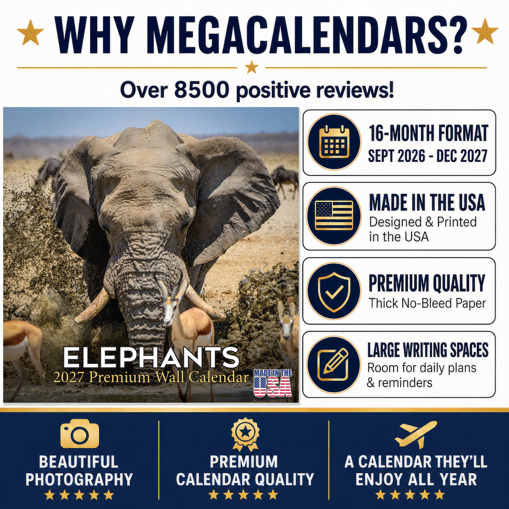 Elephants Wall Calendar 2027 - 12" x 12" Monthly Majestic African Elephants & Wild Herd Nature Calendar