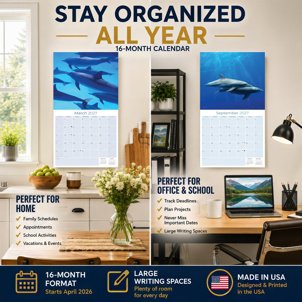 Dolphins Wall Calendar 2027 - 12" x 12" Monthly Breathtaking Ocean Dolphins & Marine Life Scenery Calendar