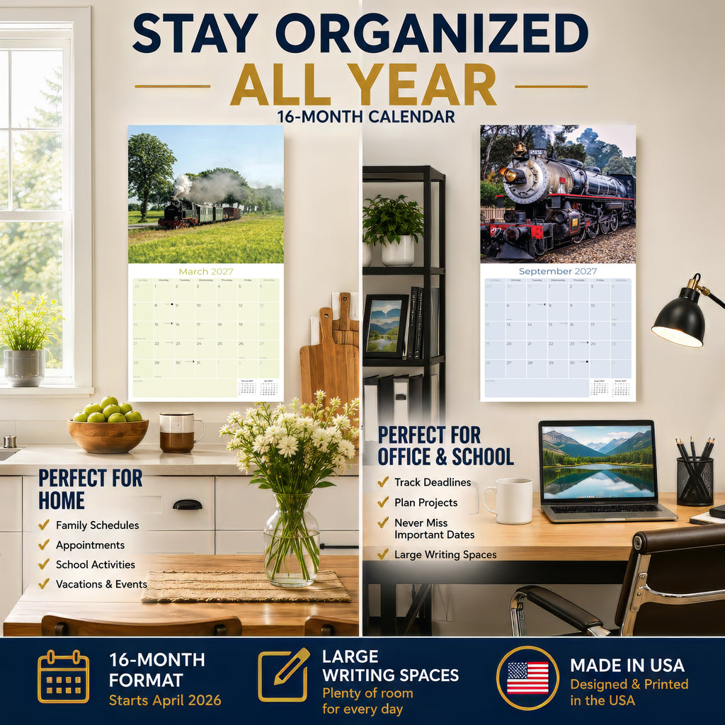 Steam Trains Wall Calendar 2027 - 12" x 12" Monthly Locomotive History Calendar