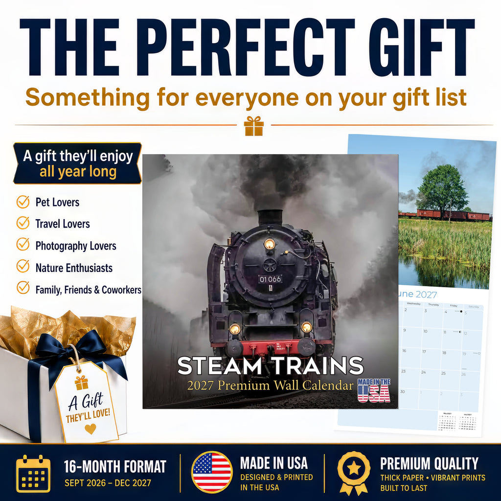 Steam Trains Wall Calendar 2027 - 12" x 12" Monthly Locomotive History Calendar