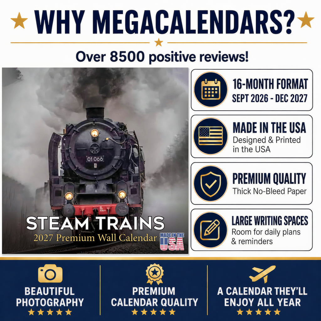 Steam Trains Wall Calendar 2027 - 12" x 12" Monthly Locomotive History Calendar