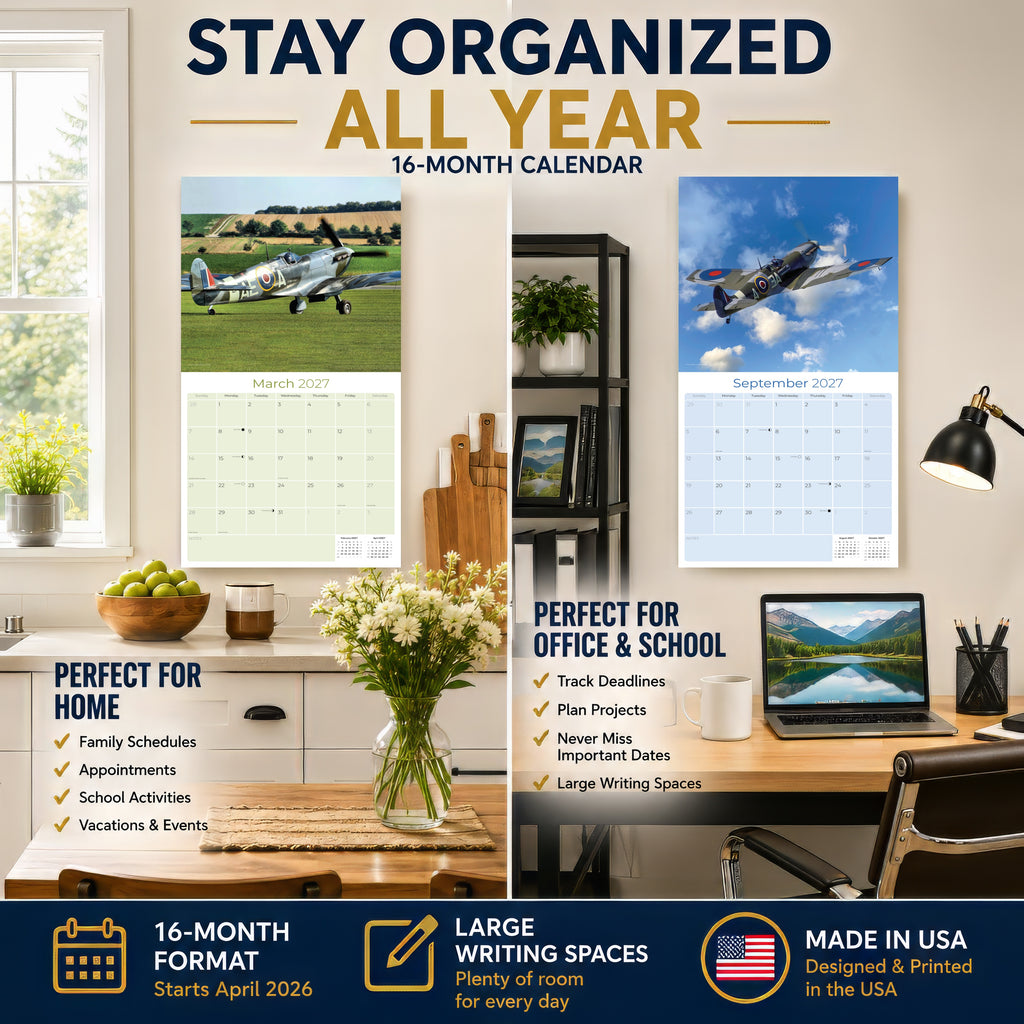 Spitfires Wall Calendar 2027 - 12" x 12" Monthly WWII Fighter Aircraft Calendar